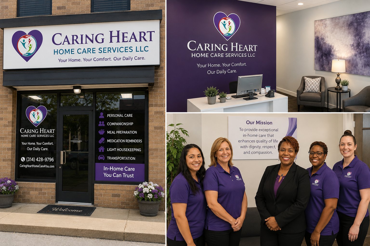 Caring Heart Home Care Services office storefront, reception area, and team at our St. Louis office
