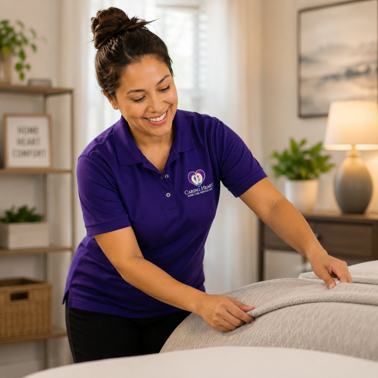 Caring Heart caregiver making a bed for a client