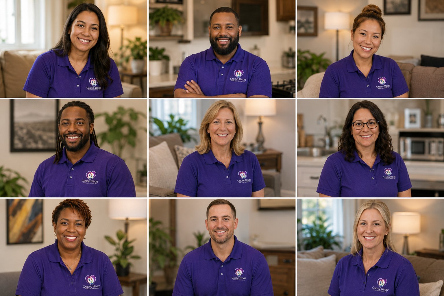 Grid of portrait photos of Caring Heart Home Care Services caregivers