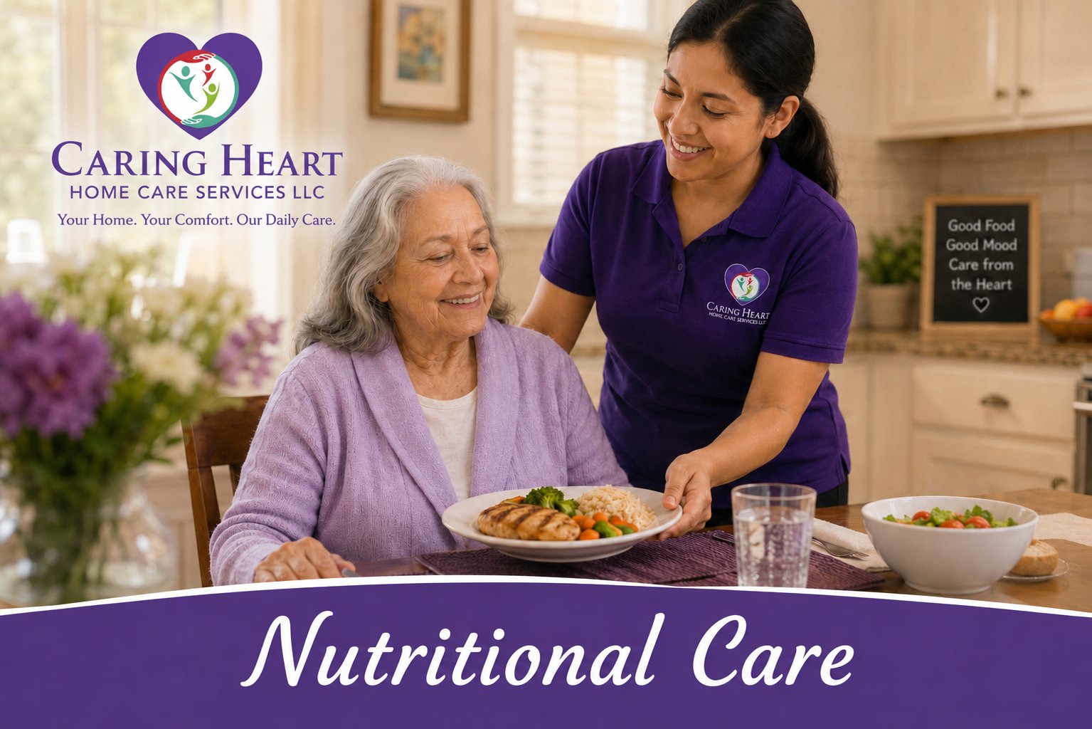 Caring Heart caregiver providing meal preparation & nutrition support in a St. Louis area home
